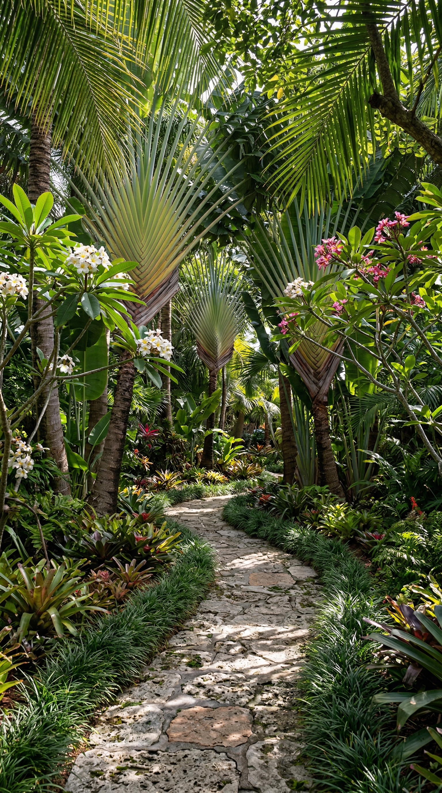 Tropical garden pathway with palms and orchids